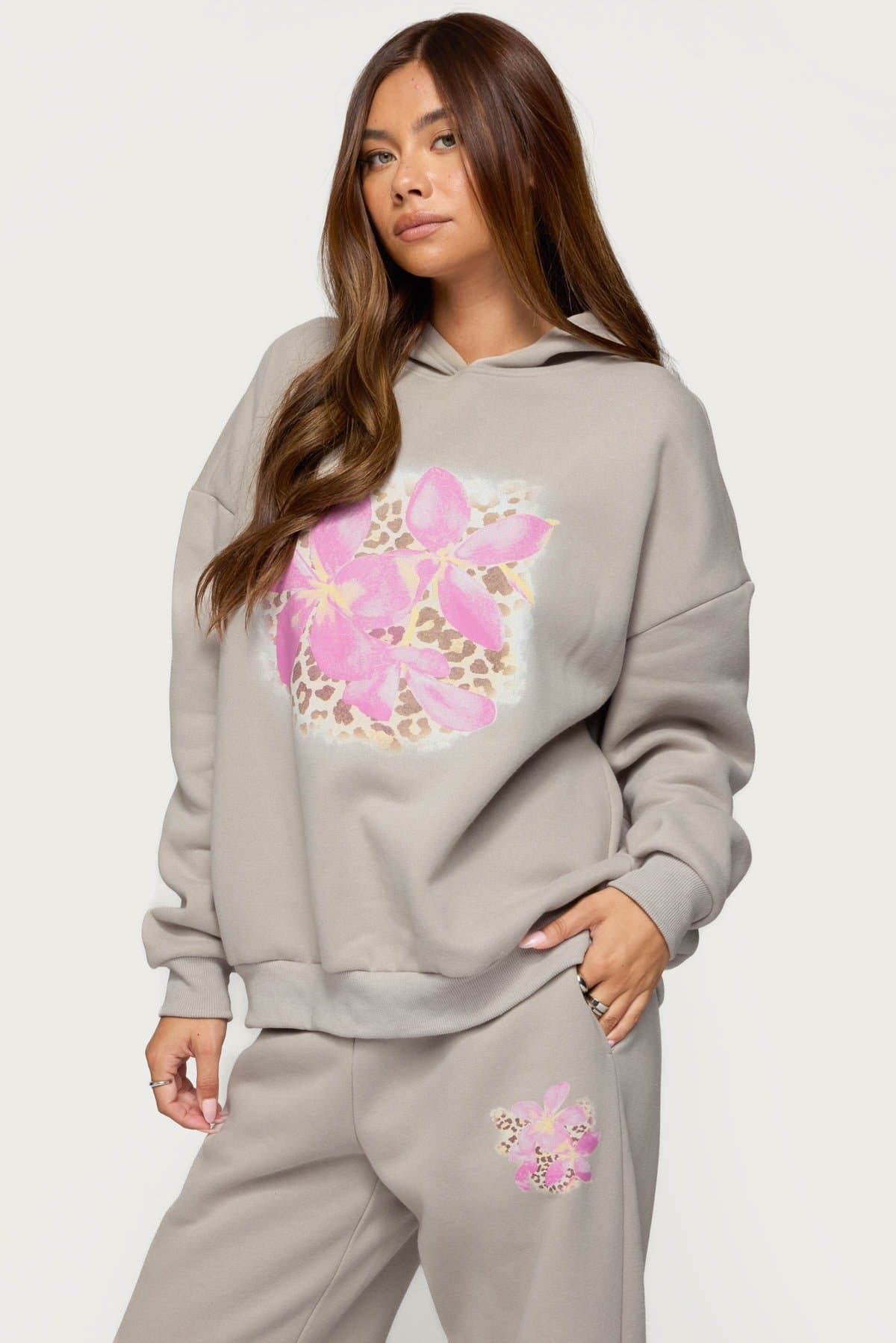 Wild Petal Oversized Hoodie - Flower Leopard Print Polyester Cotton