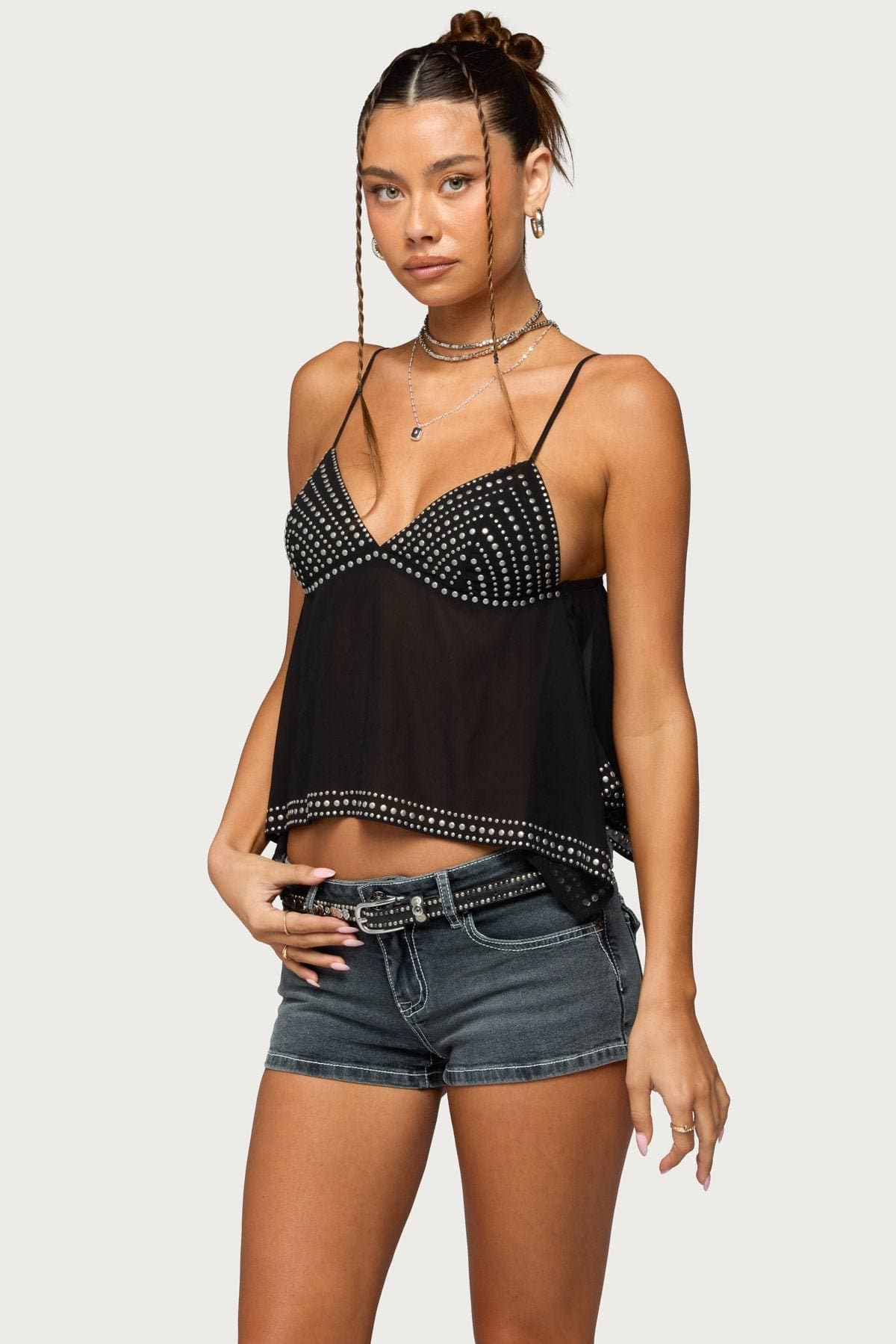 Studded Asymmetric Sheer Babydoll Top - Adjustable Straps, Lined Bust, Polyester