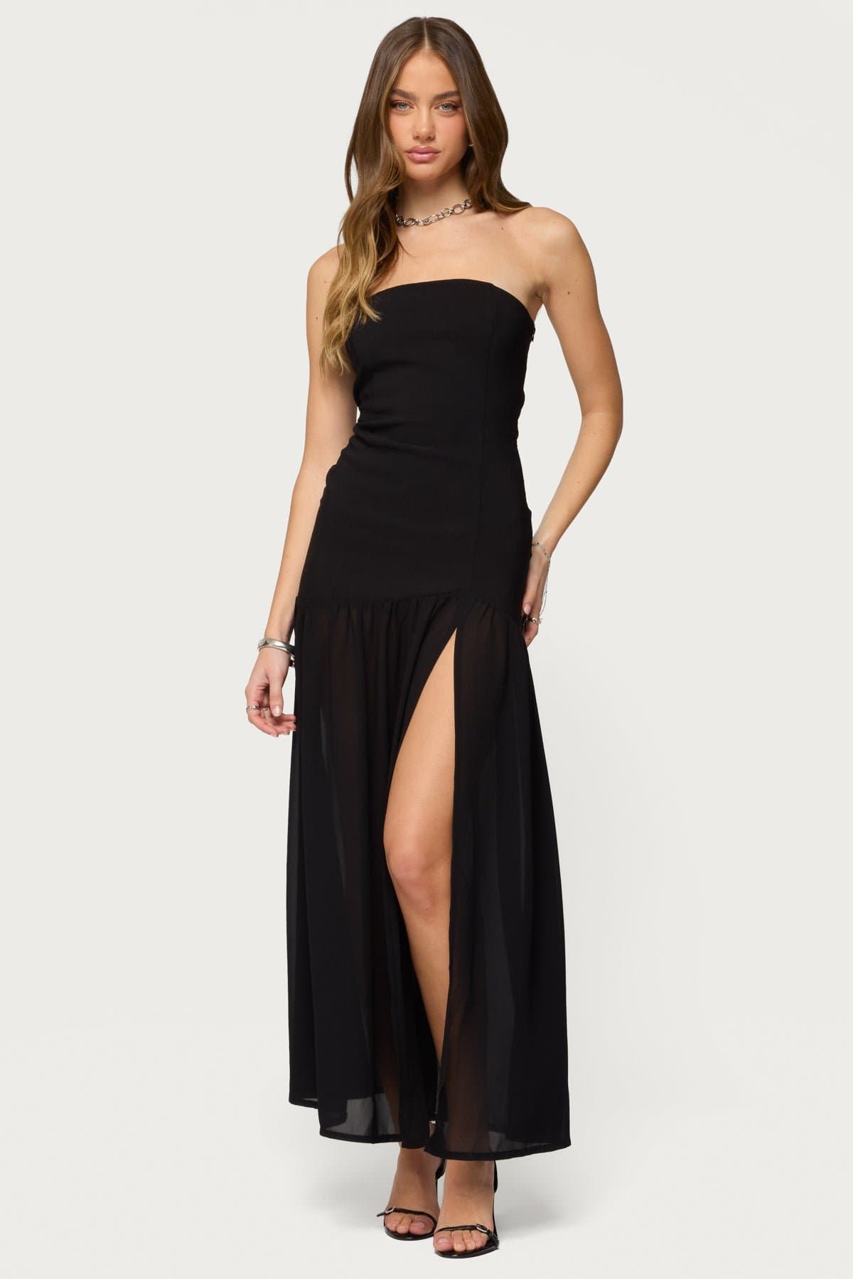 Marisa Strapless Fitted Bodice Maxi Dress with Side Slit Polyester Spandex