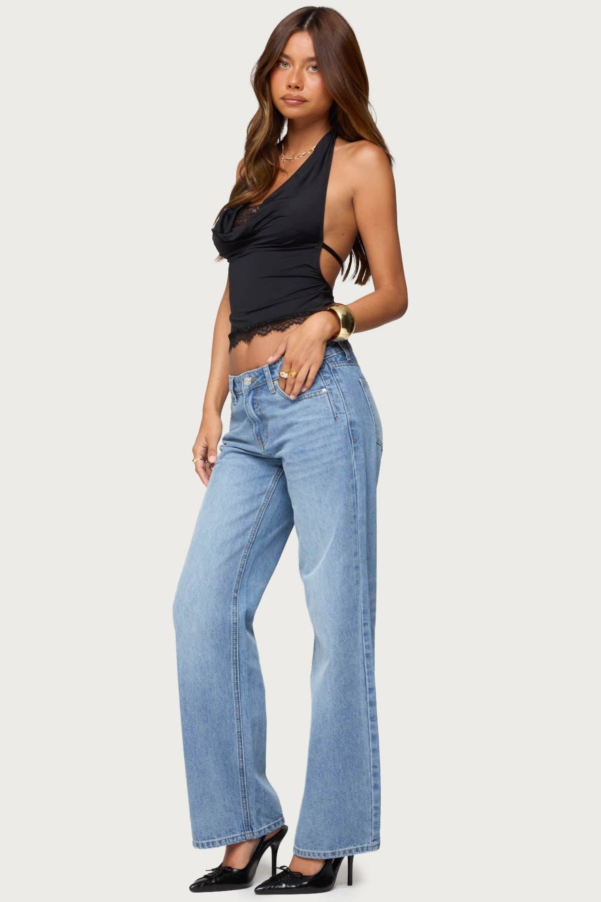 Layered Lacey Cowl Neck Halter Top with Open Back - Nylon Spandex