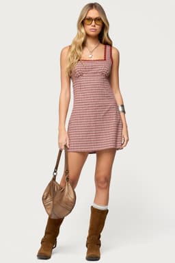 Clarren Lacey Gingham Mini Dress - 100% Cotton Square Neckline Lace Trim