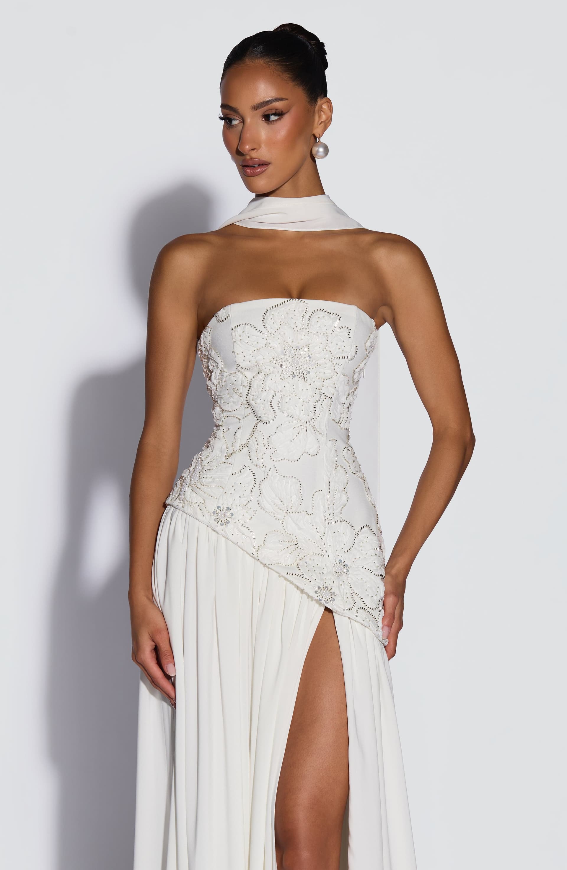 Anneliese Maxi Dress in Ivory Crepe Bodice Chiffon Skirt with Embellishments