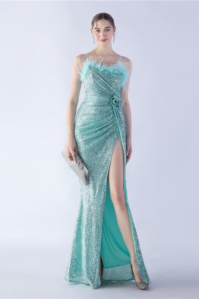 Ostrich Feather Embellished V-Neck Sleeveless Maxi Dress