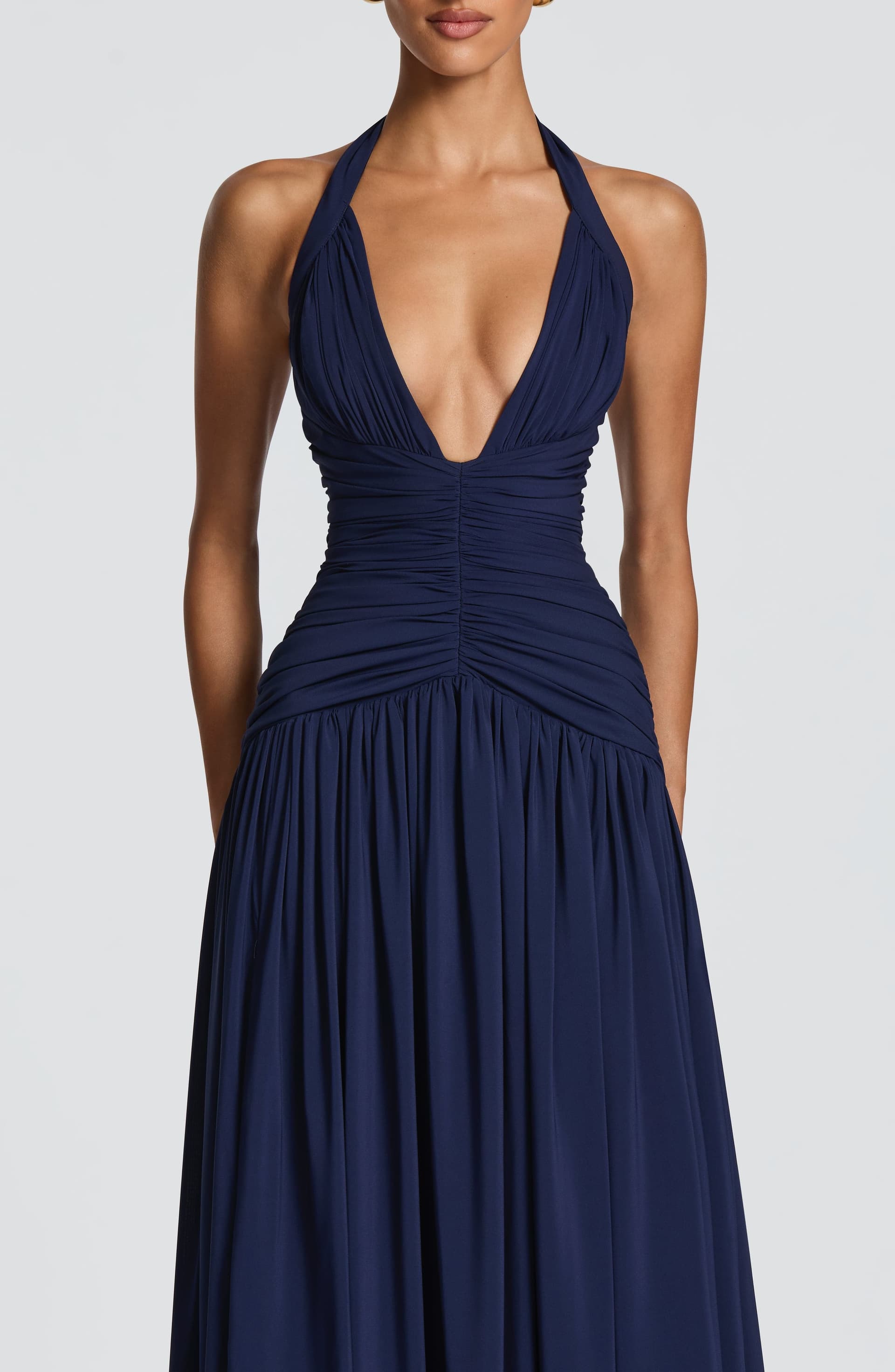 Amaris Maxi Dress - Navy Chiffon Plunge Halter Neck Thigh Split