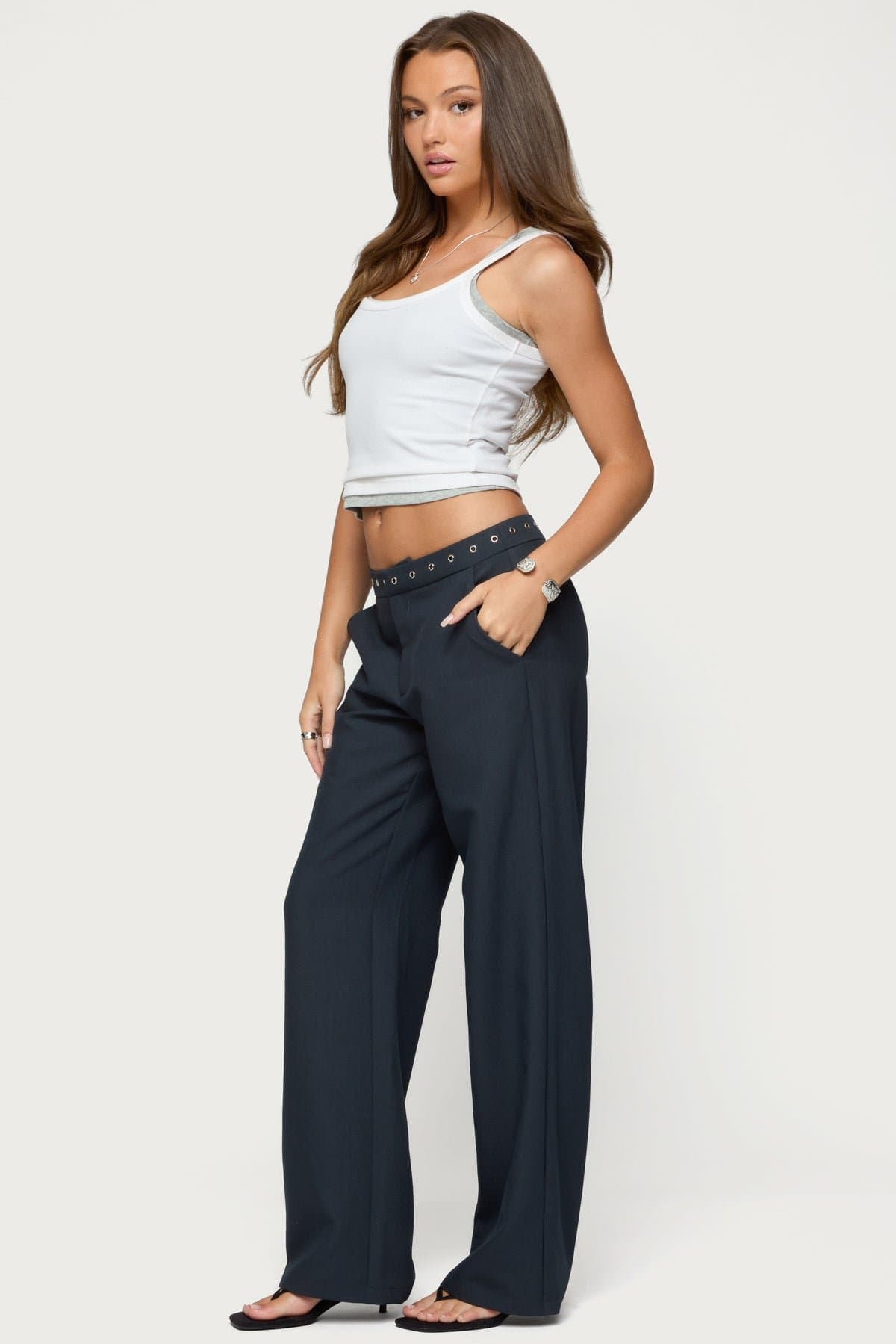 Ayve Eyelet Waist Straight Leg Pants - Polyester Rayon Spandex