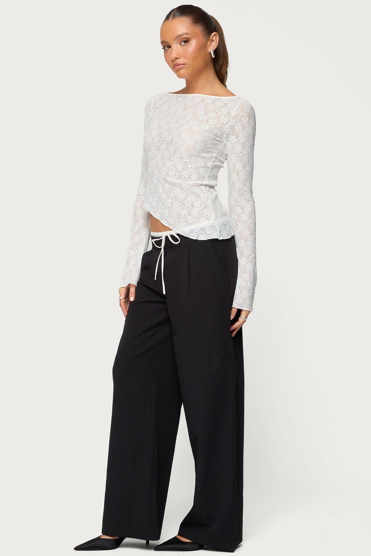 Mare Asymmetric Gem Sheer Lace Top - Bell Long Sleeves Boat Neck Polyester Spandex