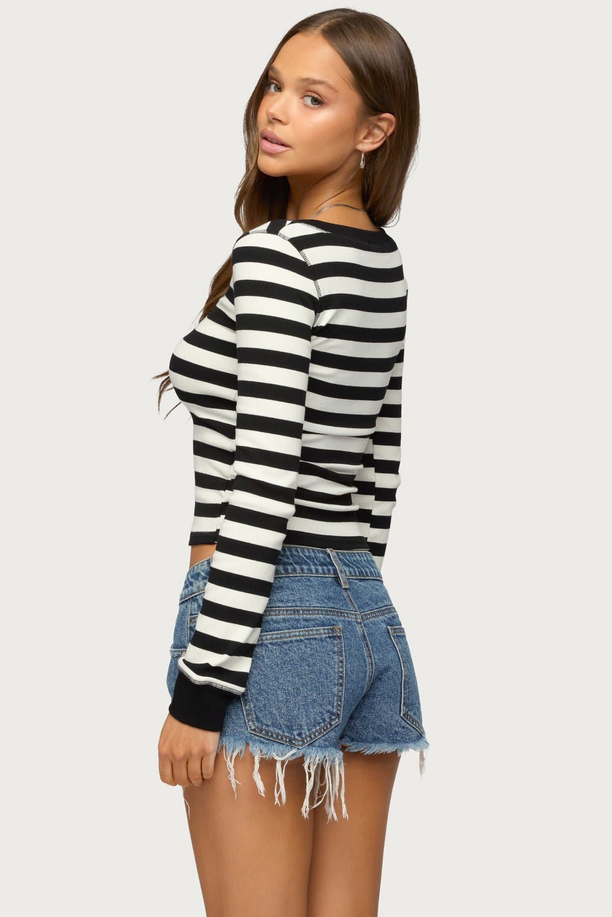 Rainey Striped Long Sleeve Top - Cotton Spandex Scoop Neck