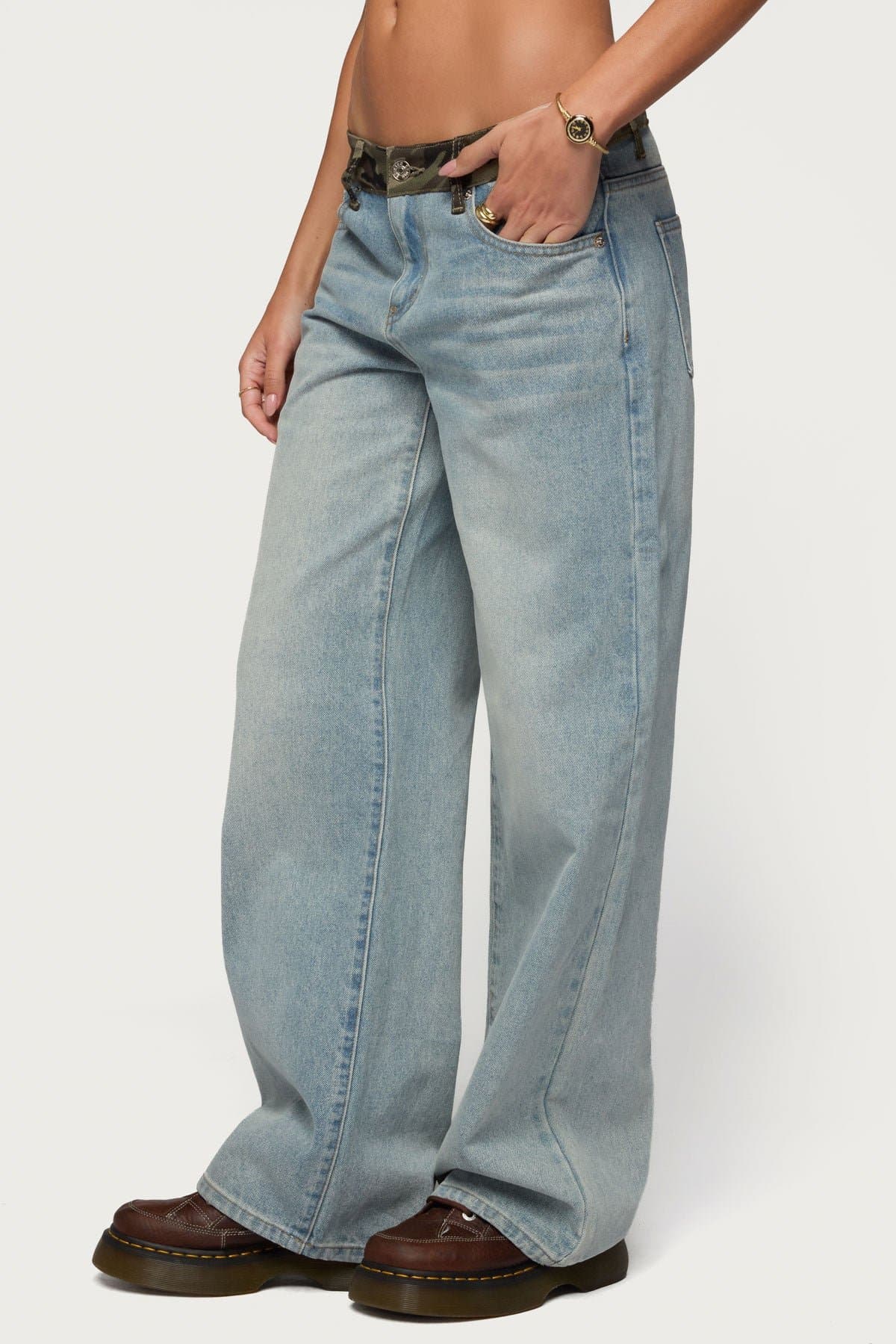 Camo Waist Low Rise Baggy Jeans - Rigid 100% Cotton Denim, Size S Inseam 31.5"