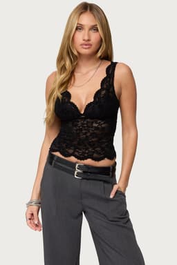 Araura Lace Velvet Floral Top - Plunging Neckline, Back Cutout, Scalloped Trim