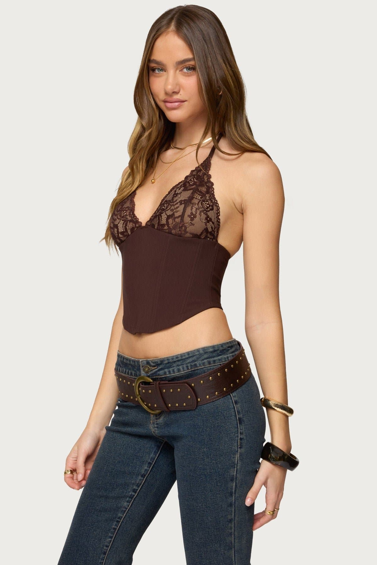 Ghita Lacey Halter Corset - Boned Bodice, Lace Bust, Polyester Spandex Nylon