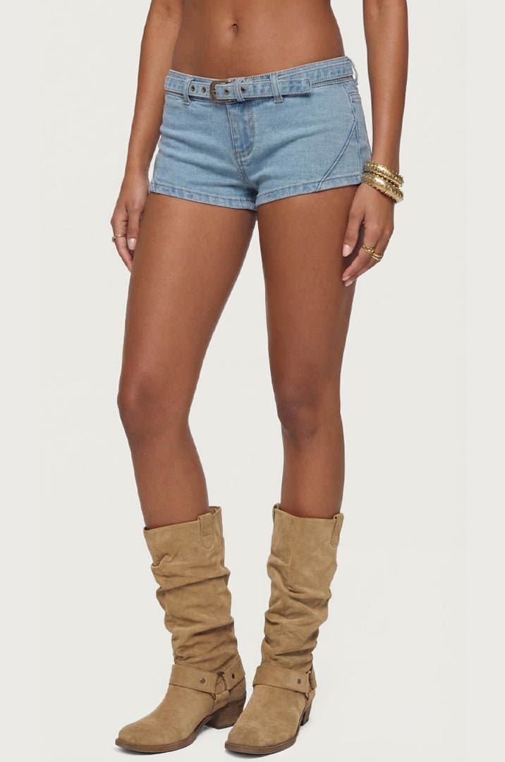 Ciel Low Rise Denim Micro Shorts - Cotton Polyester Spandex with Belt Detail