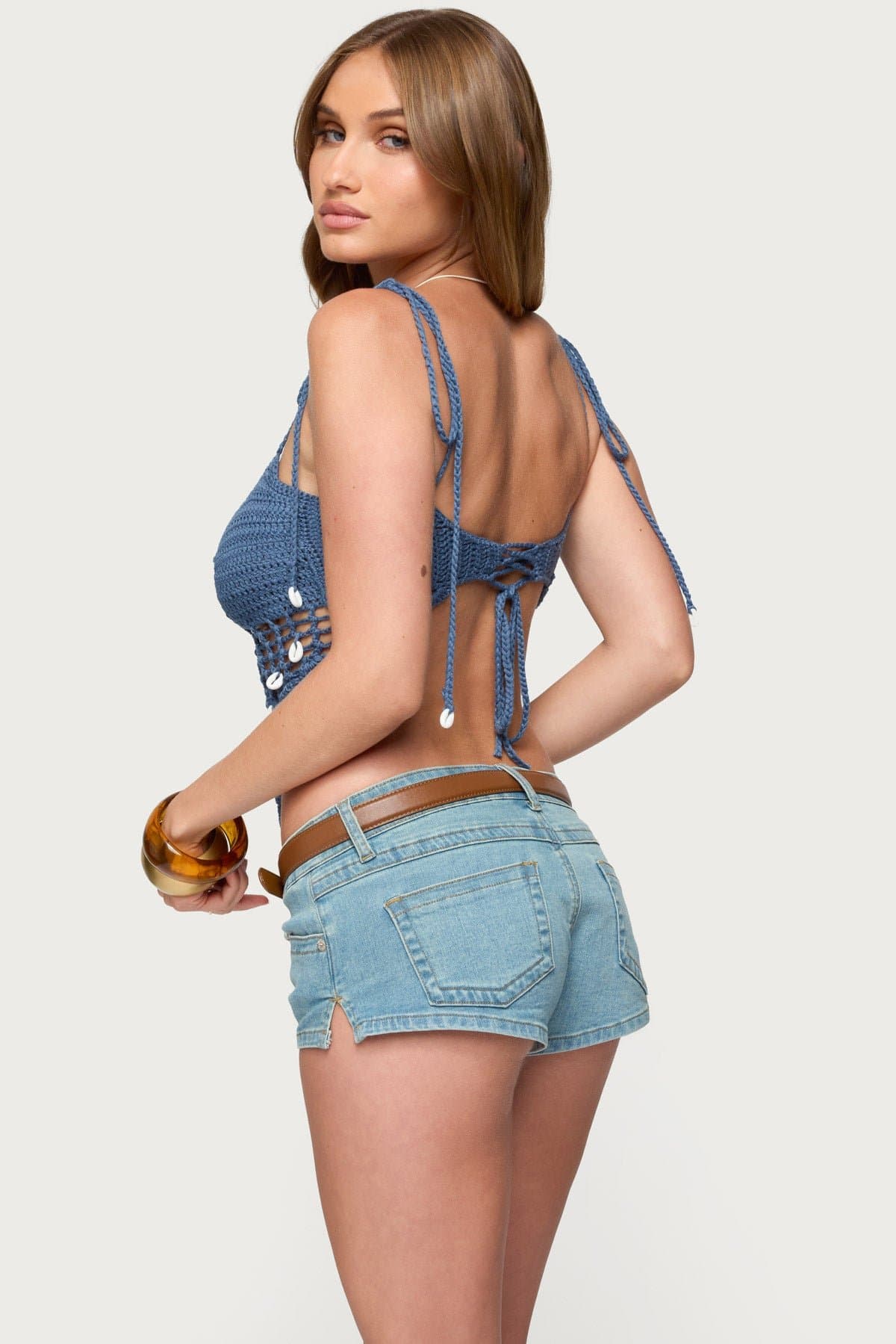 Shelley Asymmetric Crochet Top with Tie Straps and Lace-Up Back