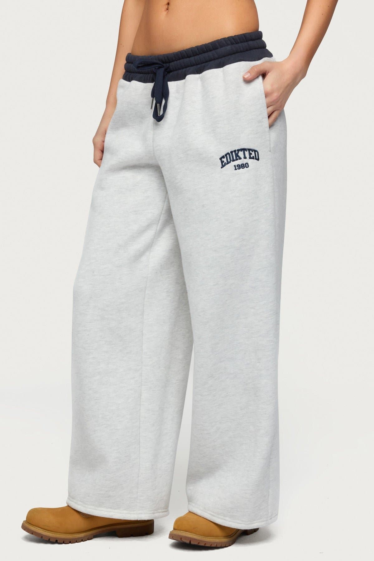 Petite Edikted Contrast Embroidered Sweatpants - Adjustable Tie Waist, Polyester