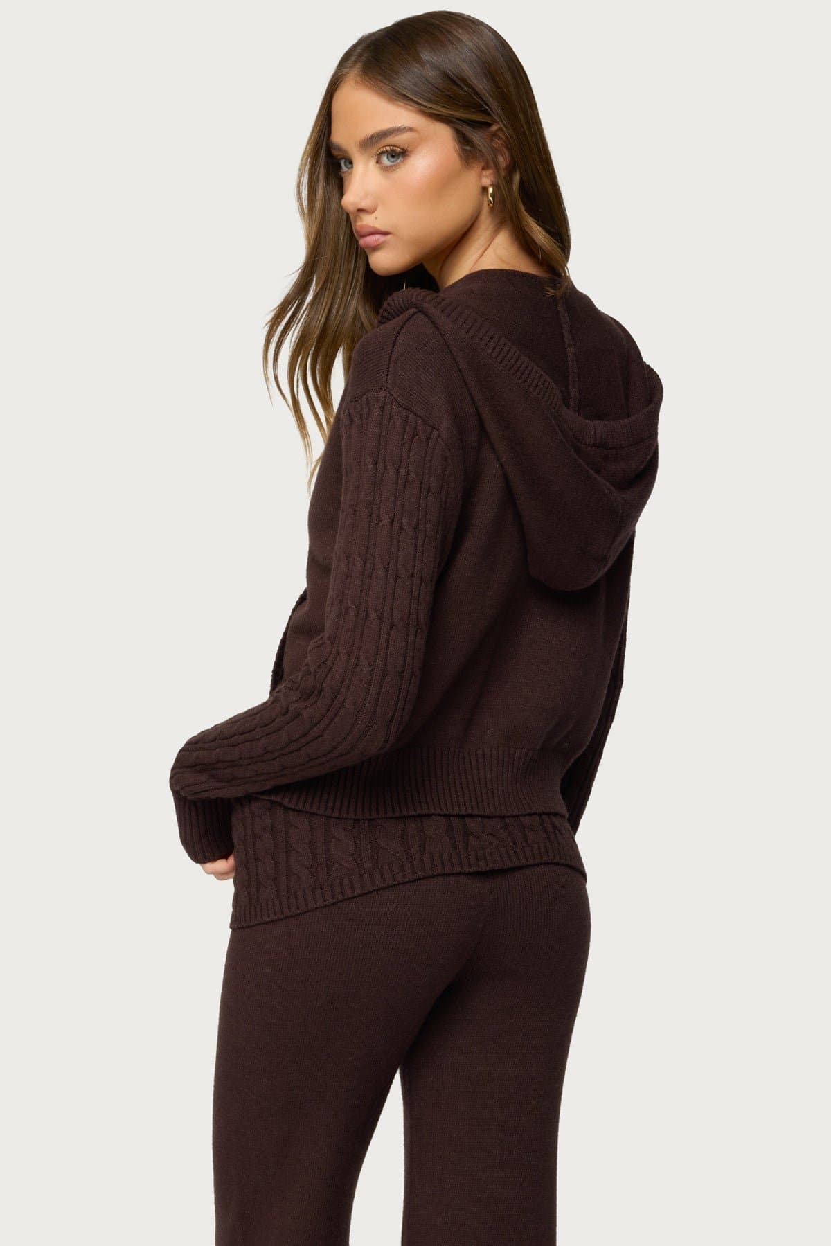 Lula Cable Knit Zip Up Hoodie - Rayon Nylon Polyester Knit Fabric