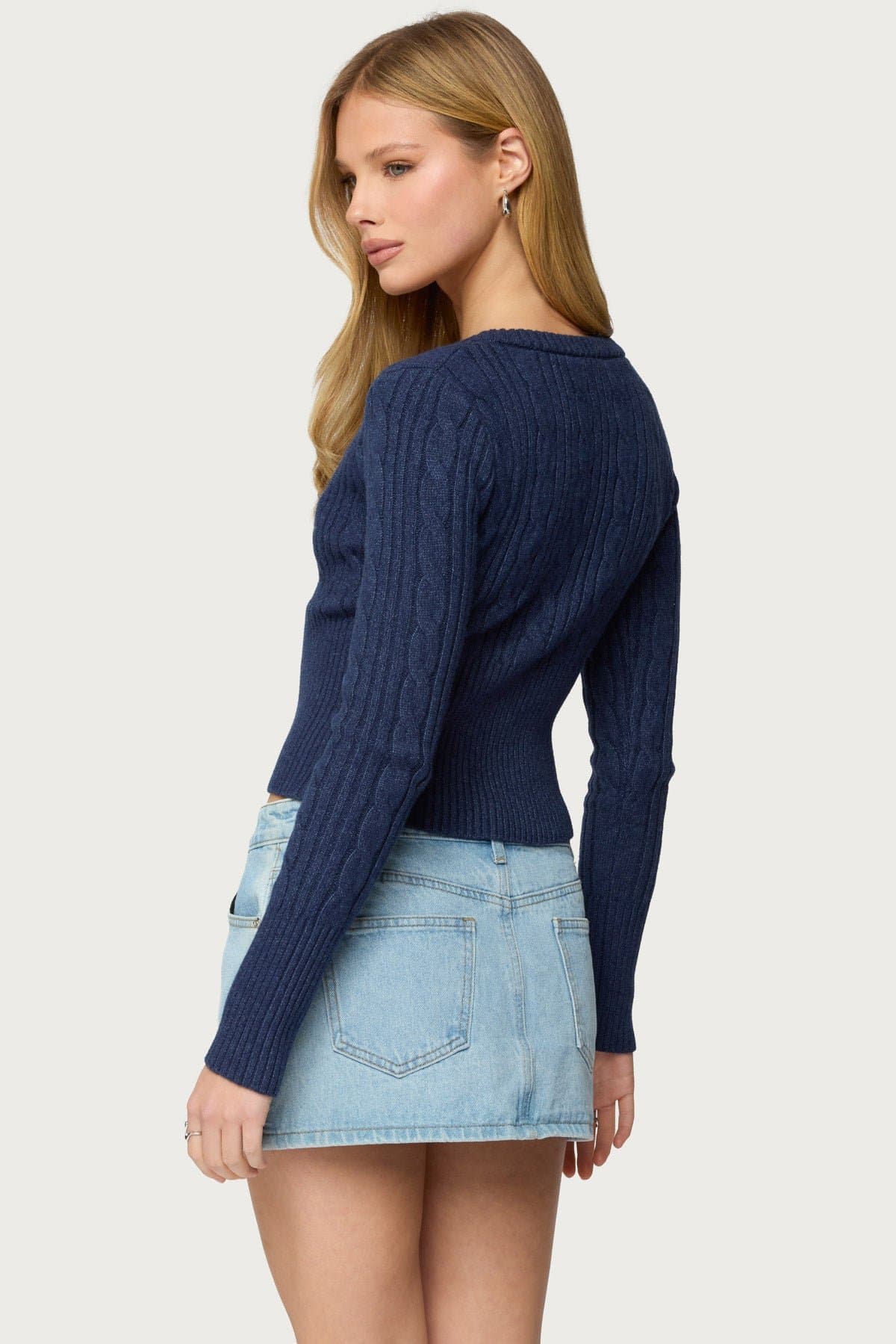 Hadliee Cable Knit Henley Top - Long Sleeve Rayon Polyester Nylon
