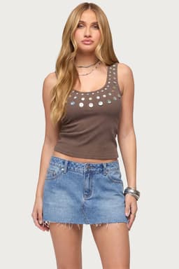 Beach Babe Scoop Neck Tank Top - Iridescent Button Ribbed Polyester Spandex