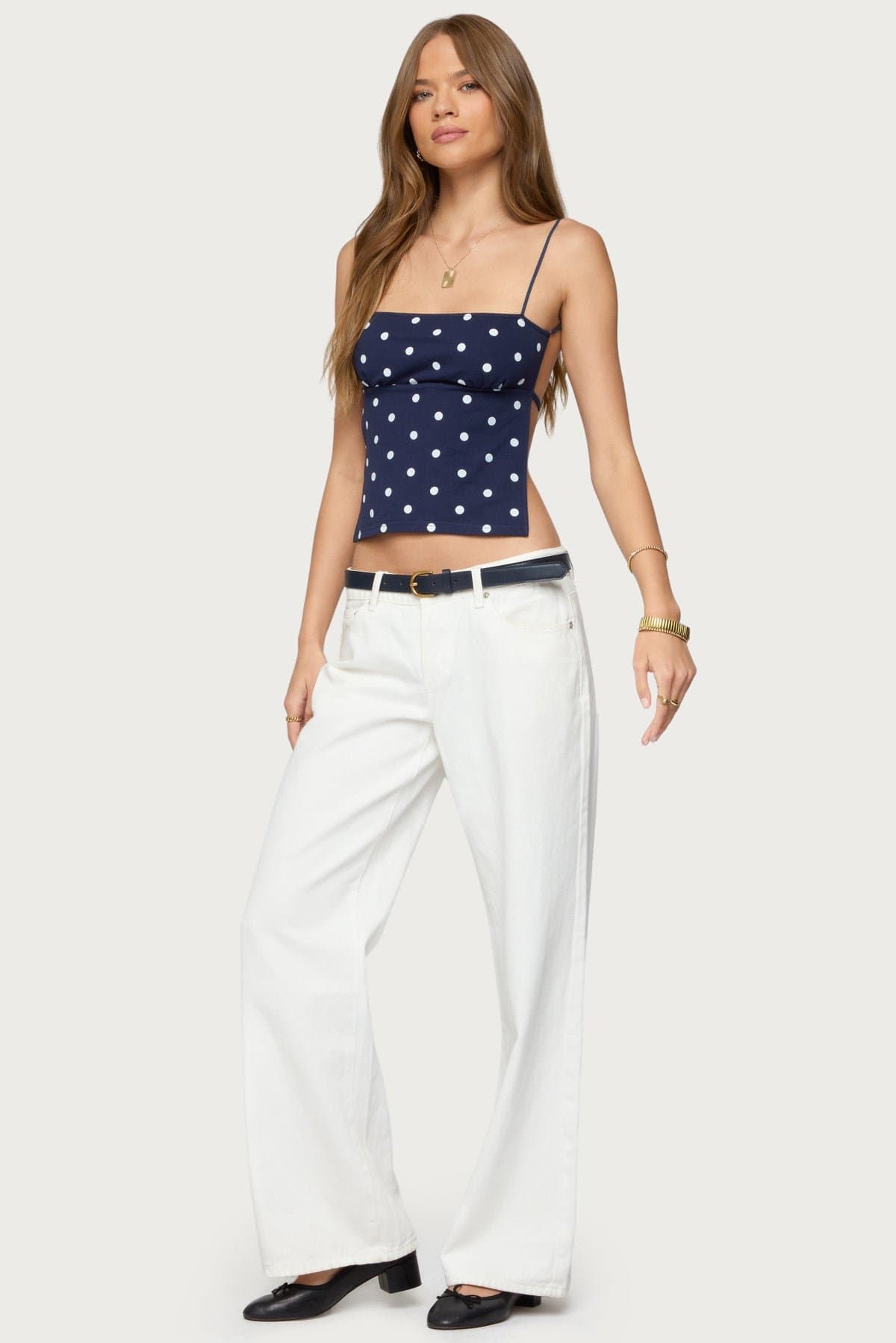 Jinx Open Back Top with Polka Dot Print, Shoe String Straps, Tieback Closure, Cotton Spandex