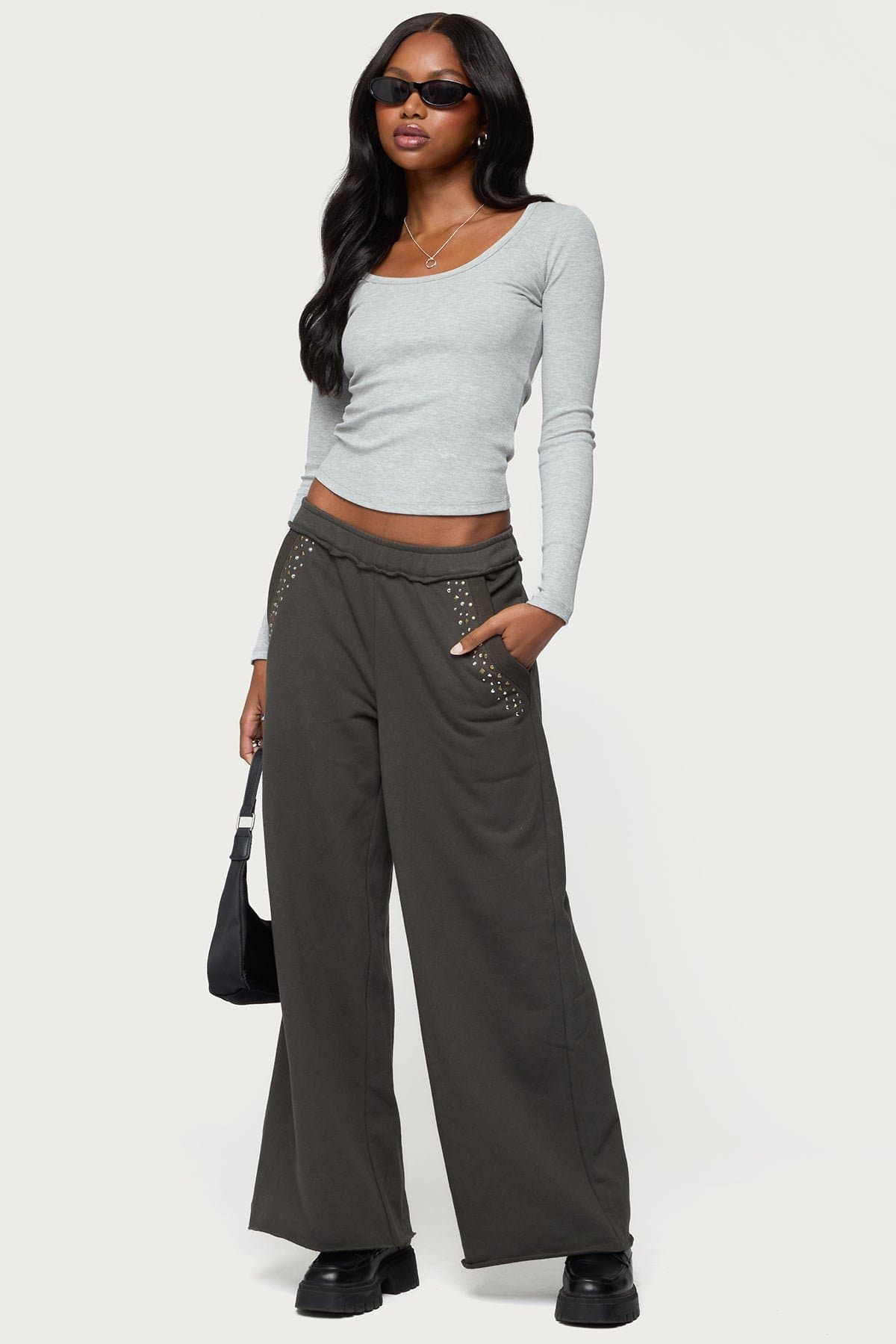 Wrenn Studded Wide Leg Sweatpants - Cotton Polyester, Rolled Hem