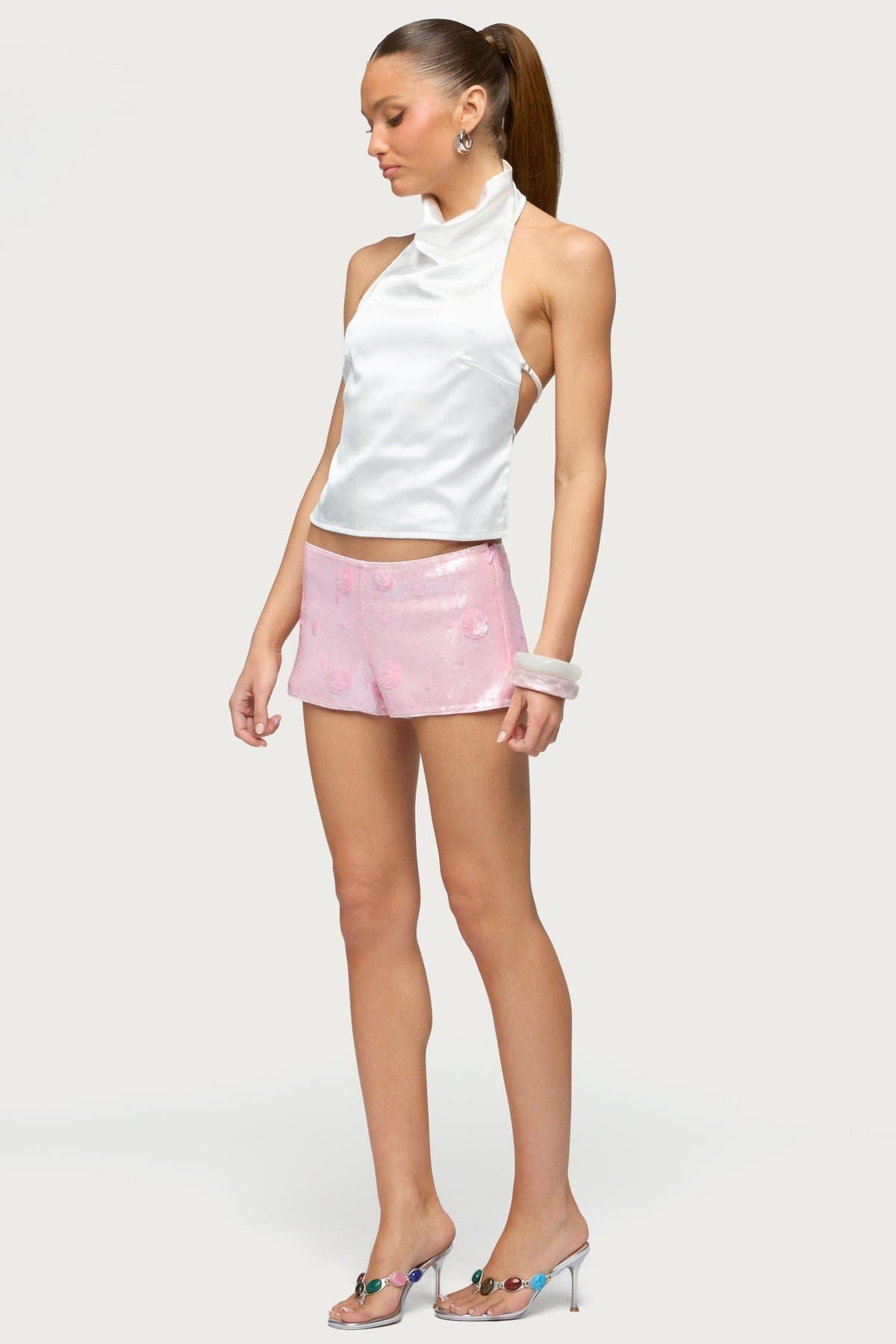 Satin Effect Backless Cowl Neck Top with Adjustable Straps