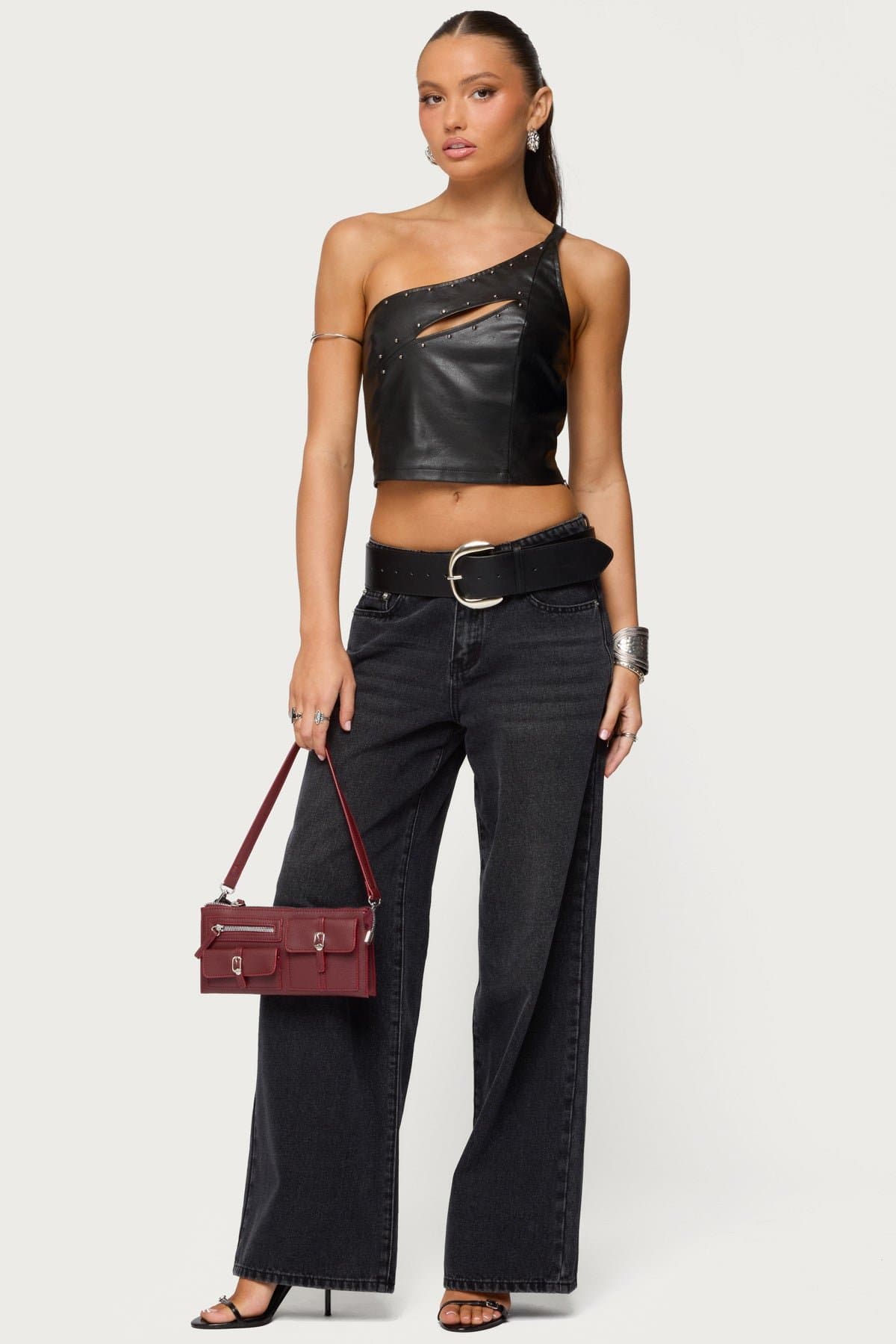Asymmetric Cutout Faux Leather Top - One Shoulder Adjustable Strap