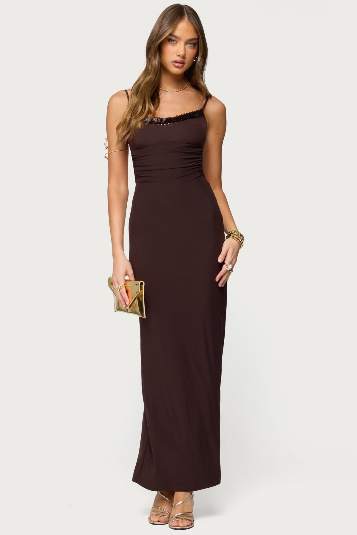 Shanna Backless Mesh Maxi Dress with Sequin Trim and Slit