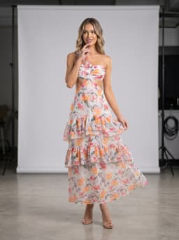 Floral Print Tiered Ruffle Halter Maxi Dress, Backless Summer Gown for Beach and Special Occasions S-L