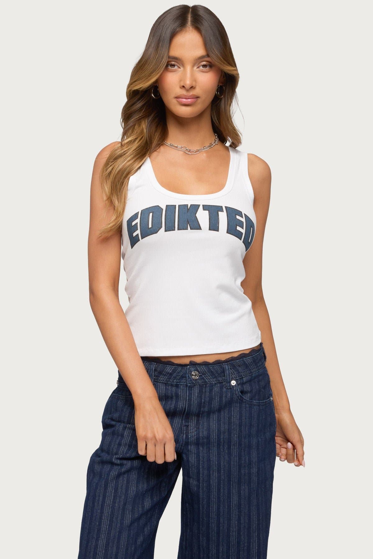 Edikted Girly Ribbed Tank Top with Graphic Text - Cotton Spandex