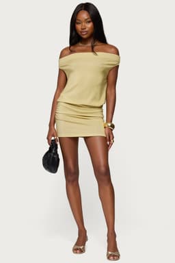 Eris Metallic Off Shoulder Mini Dress - Cinched Waist, Gathered Sides, Polyester Spandex
