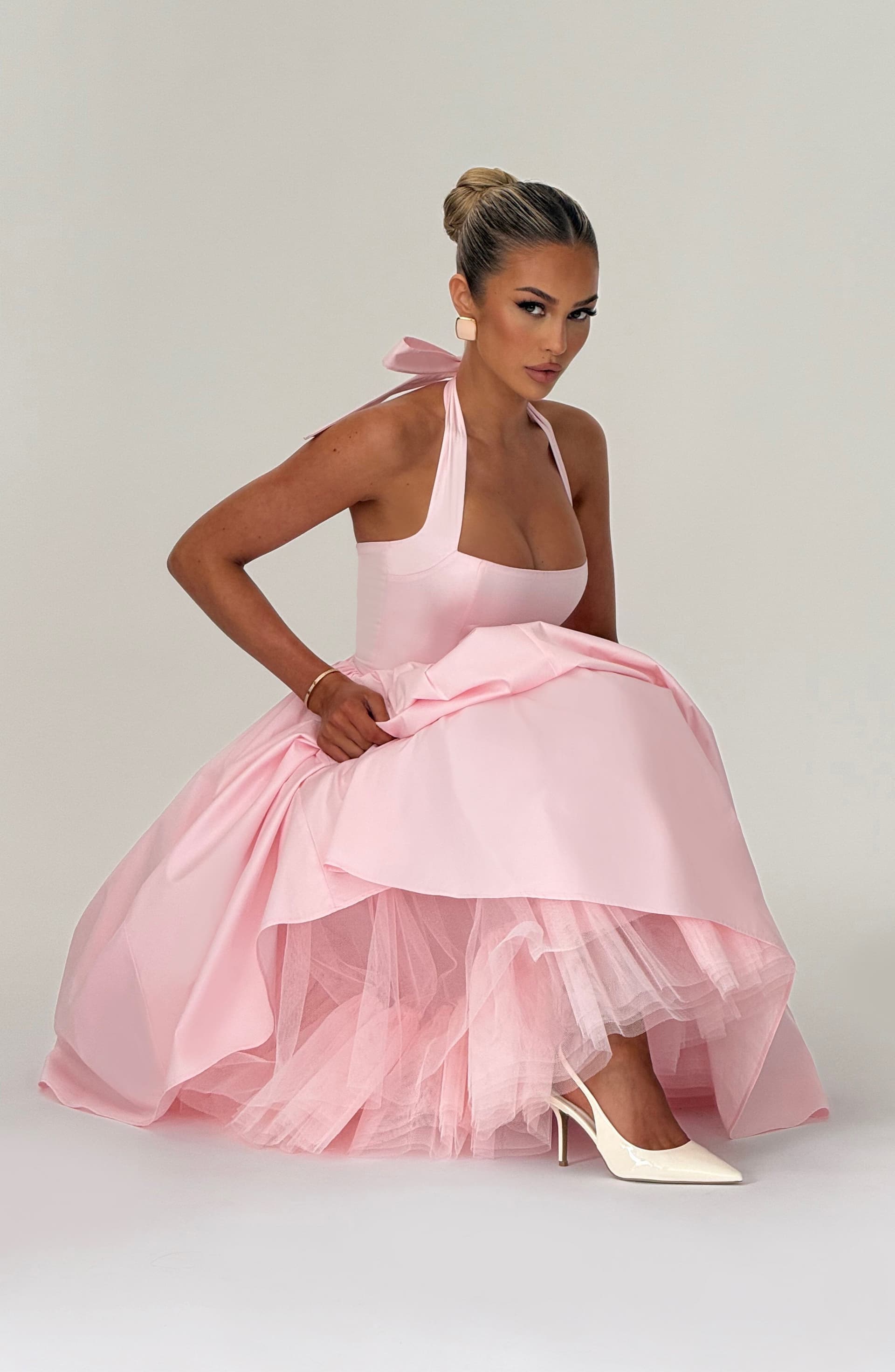 Cressida Midi Dress in Blush - Cotton Nylon Elastane Voile, Square Halter Neck, Lace Up Back