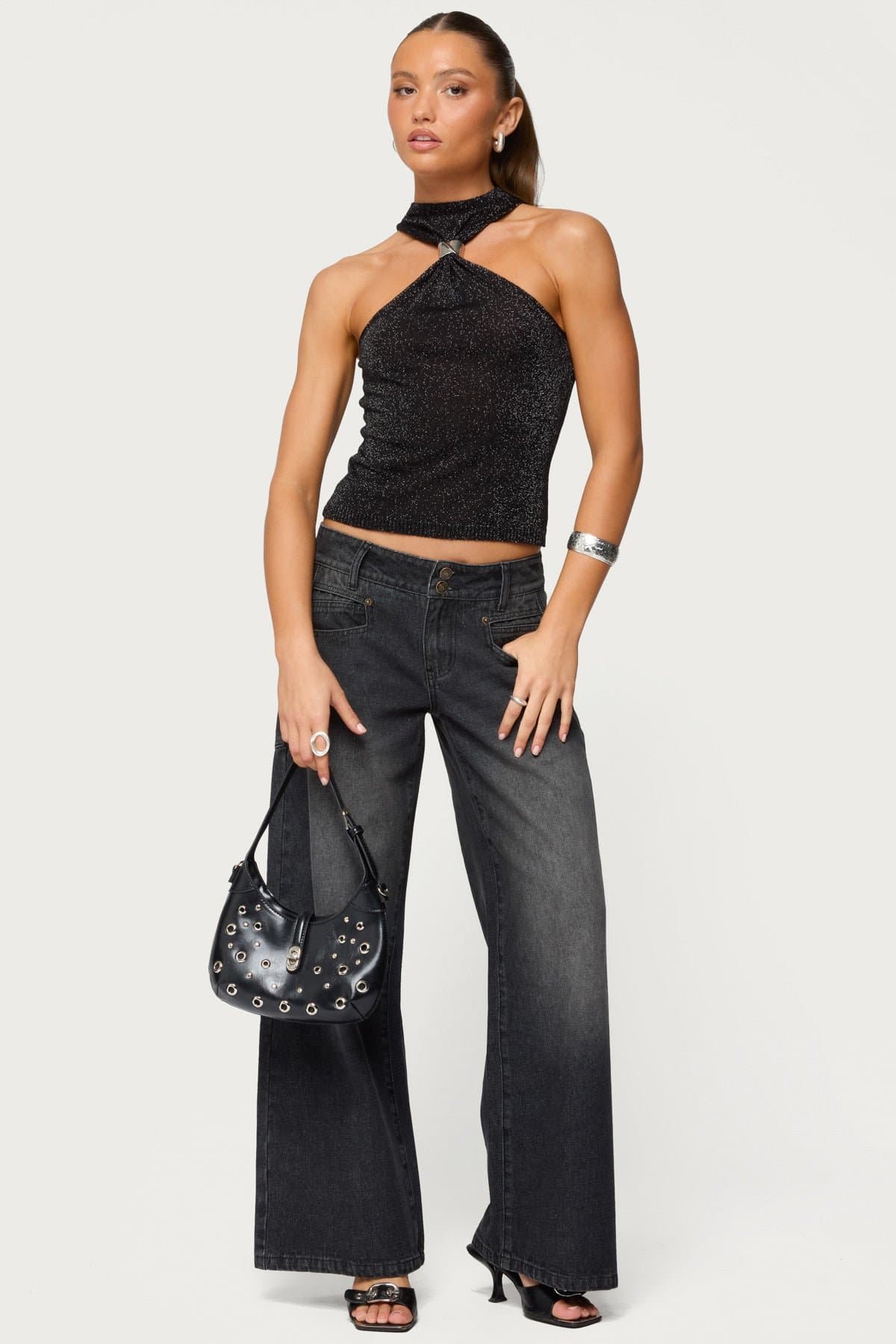 Nalia Gathered Ring Glitter Knit Top - High Neck Rayon Polyester