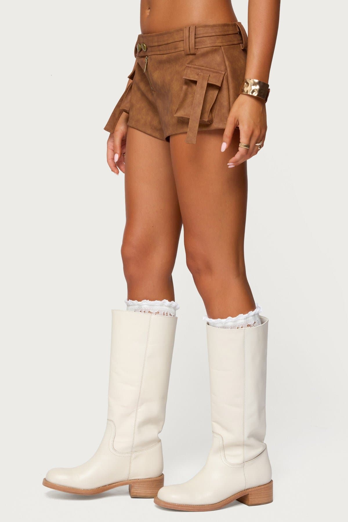 Washed Faux Leather Micro Cargo Shorts - Polyurethane Polyester Women's Size S Inseam 1.8in