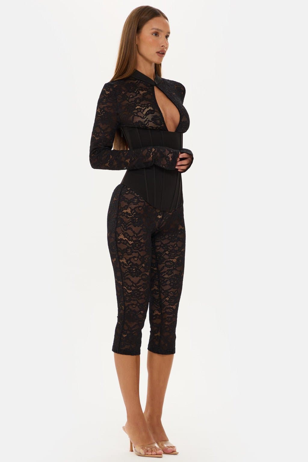 Jagger Long Sleeve Lace Capri Jumpsuit with High Neck and Corset Boning