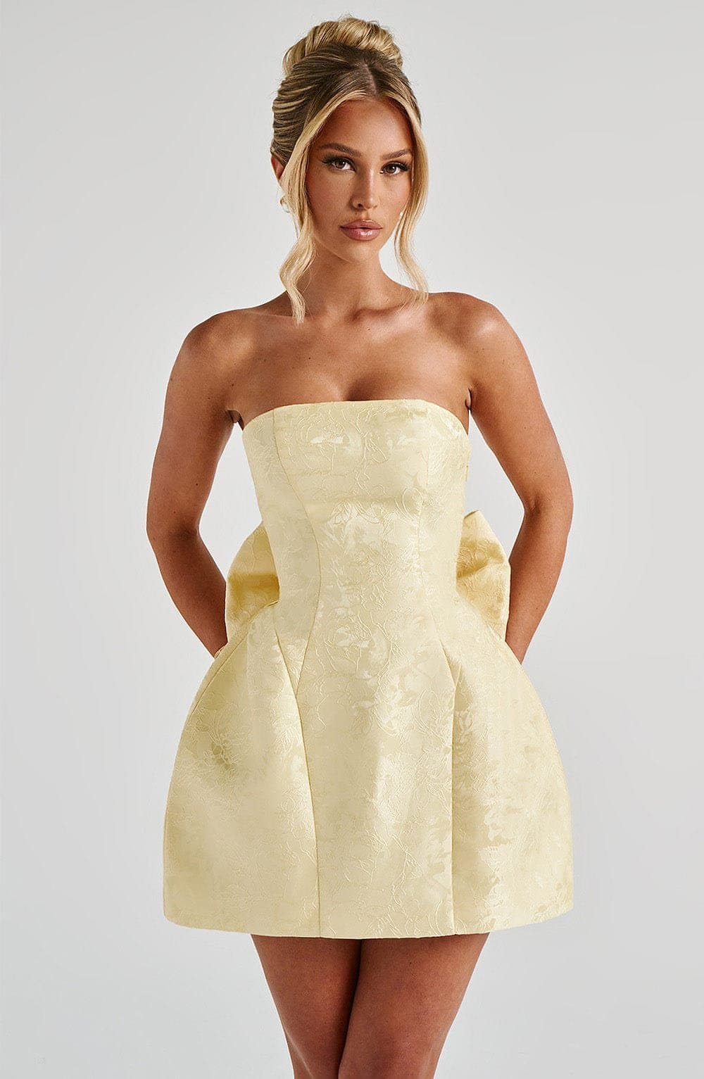 Elenora Mini Dress in Lemon - Strapless Floral Jacquard with Lace-Up Back