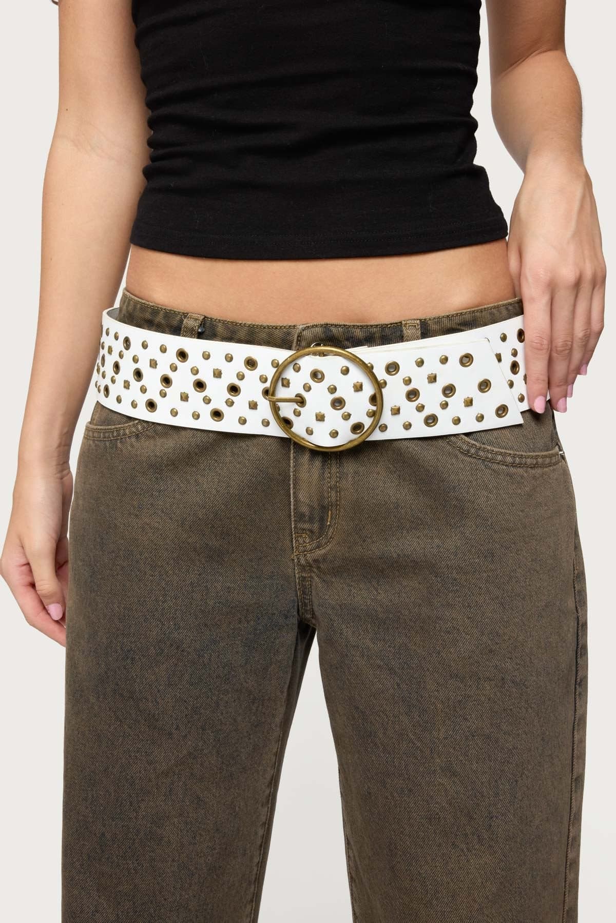 Stud & Grommet Faux Leather Belt with Circle Buckle, Polyurethane, Gold Tone Metal, 45.3" Length