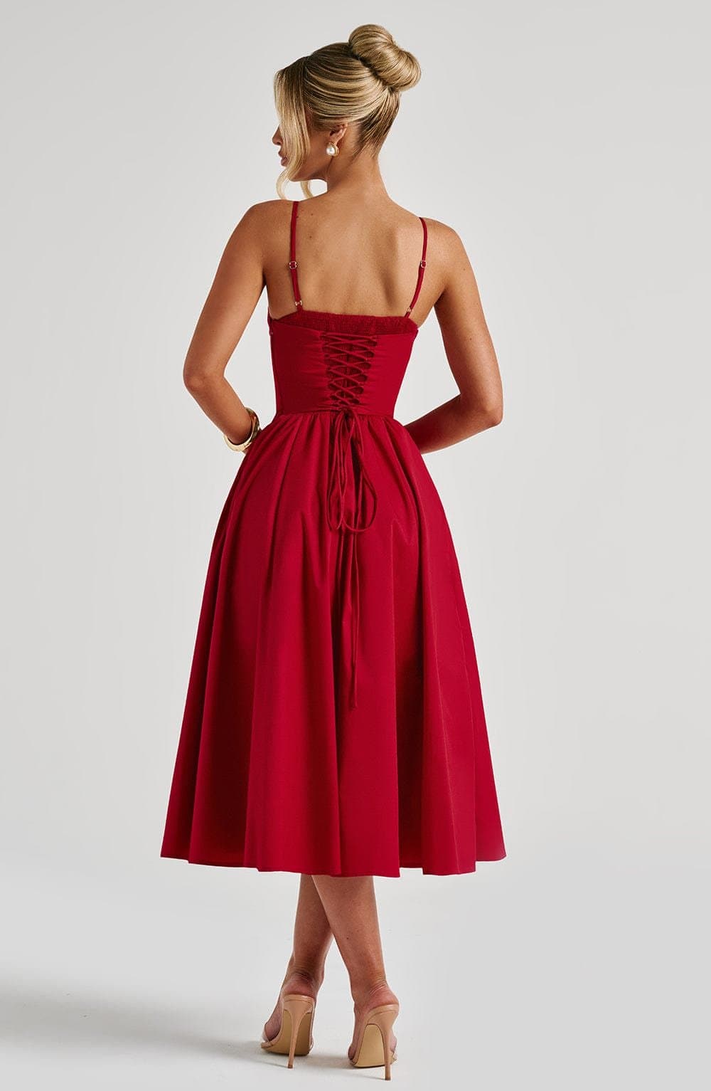 Mariella Midi Dress - Red Cotton Blend Corseted Bodice Full Skirt