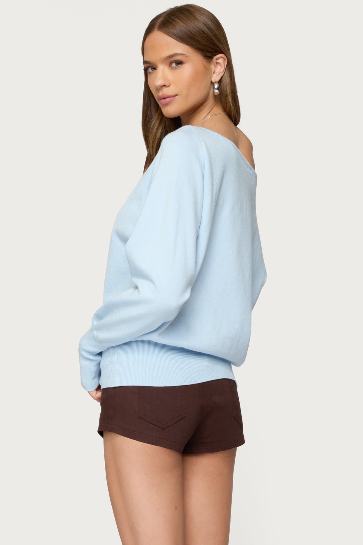Off Shoulder Oversized Acrylic Sweater with Thumb Holes - Elastic Hem & Cuffs