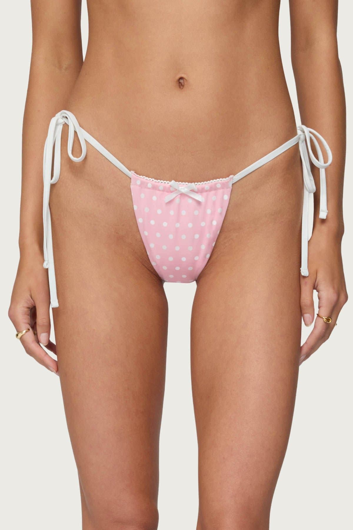 Leigh Polka Dot String Bikini Bottom with Adjustable Ties and Lace Trim