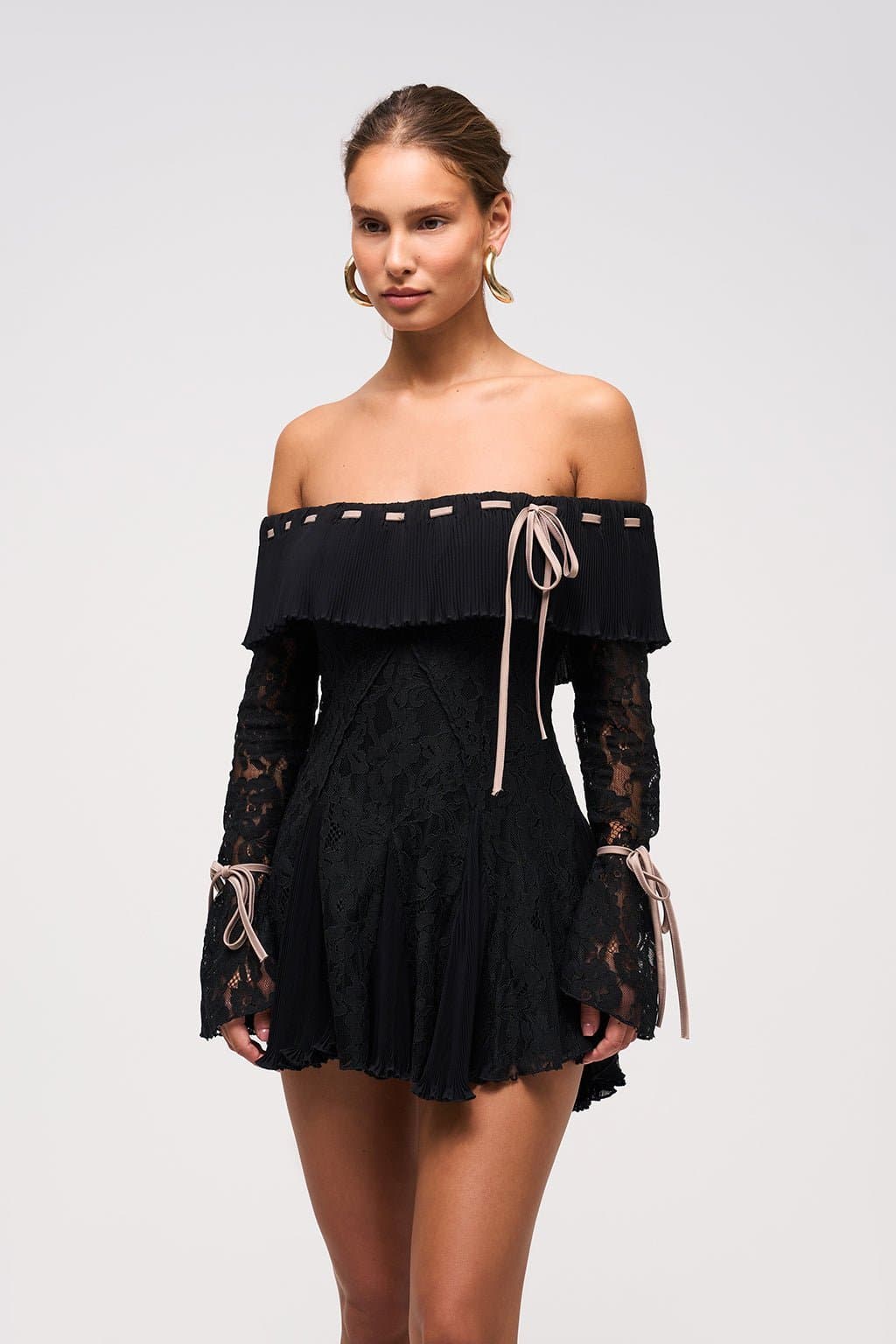 Collette Plisse Lace Mini Dress Bardot Neckline Full Lace Sleeves
