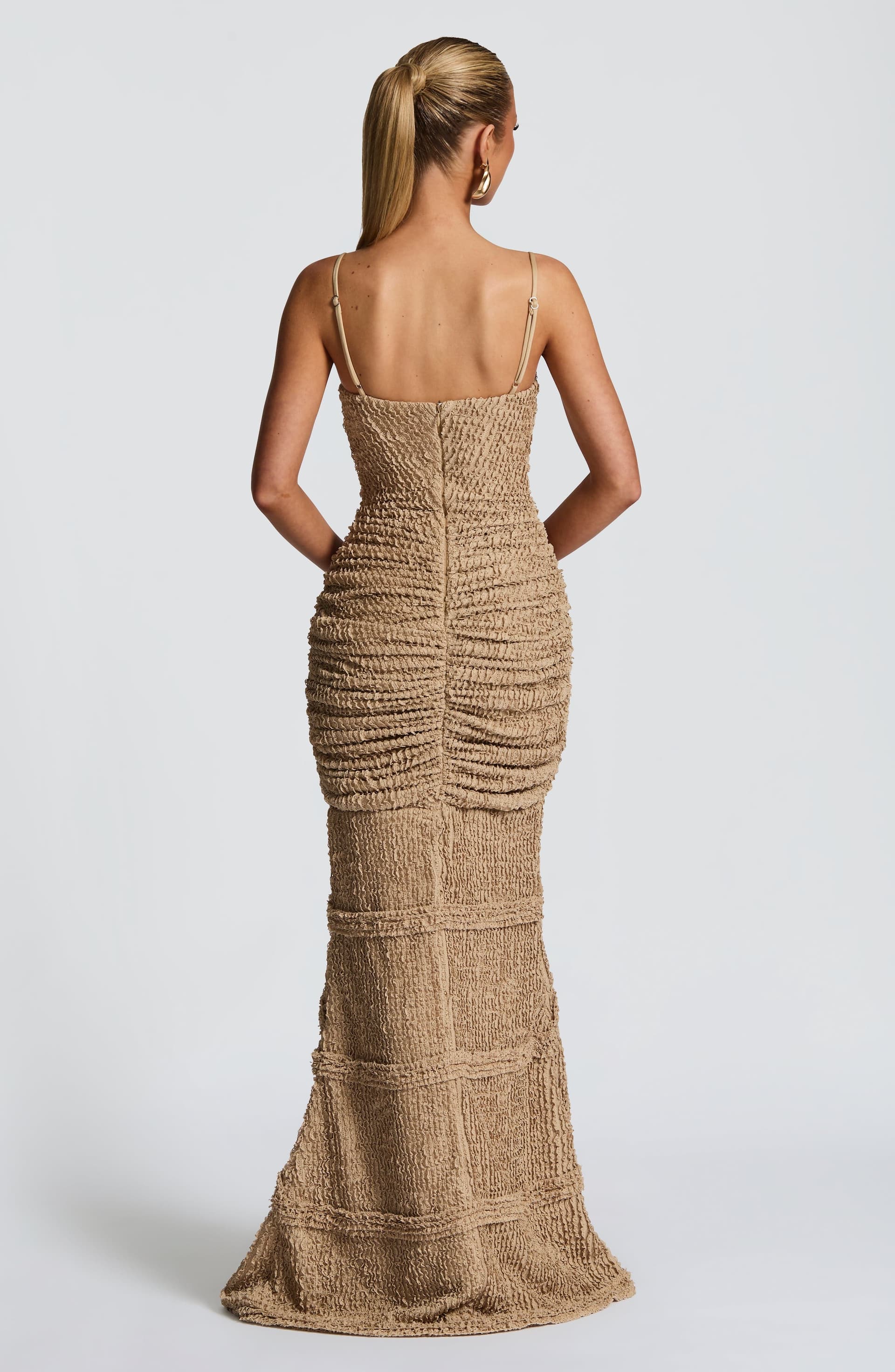Lysandra Beige Textured Maxi Dress with Ruffle Detail, Keyhole Bust & Hip Ruching