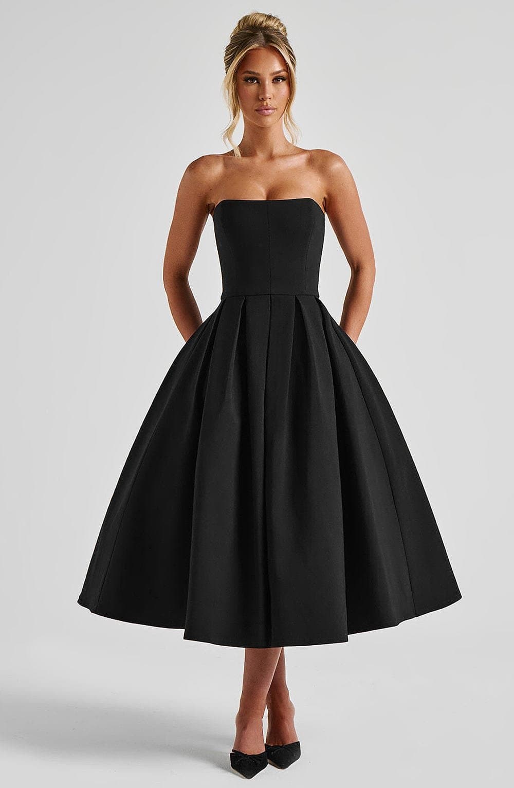 Edith Midi Dress in Black - Strapless Pleated Full Skirt Fully Lined