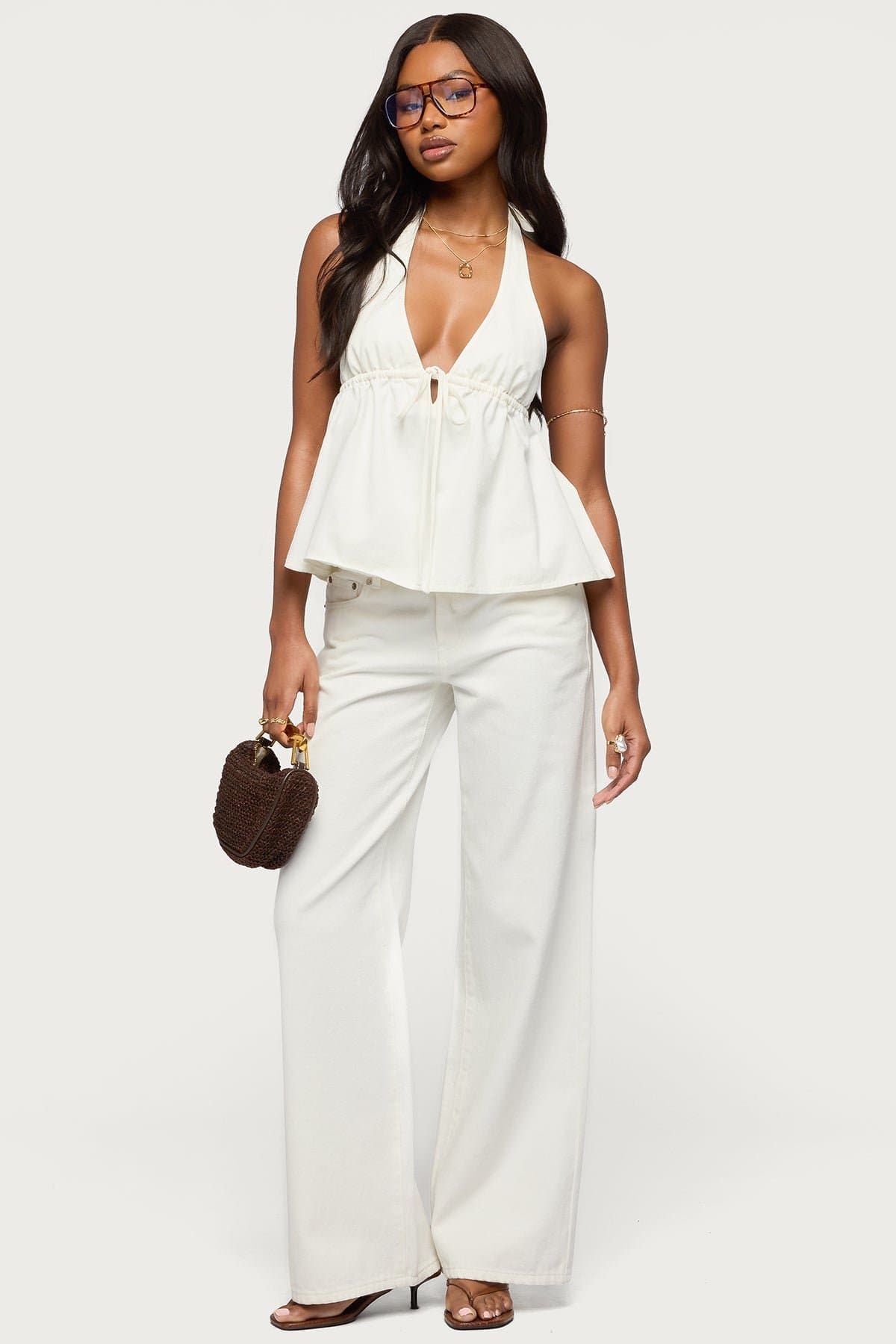 Safia Denim Halter Top - 100% Cotton with Neck Tie Closure and Tie Front Detail