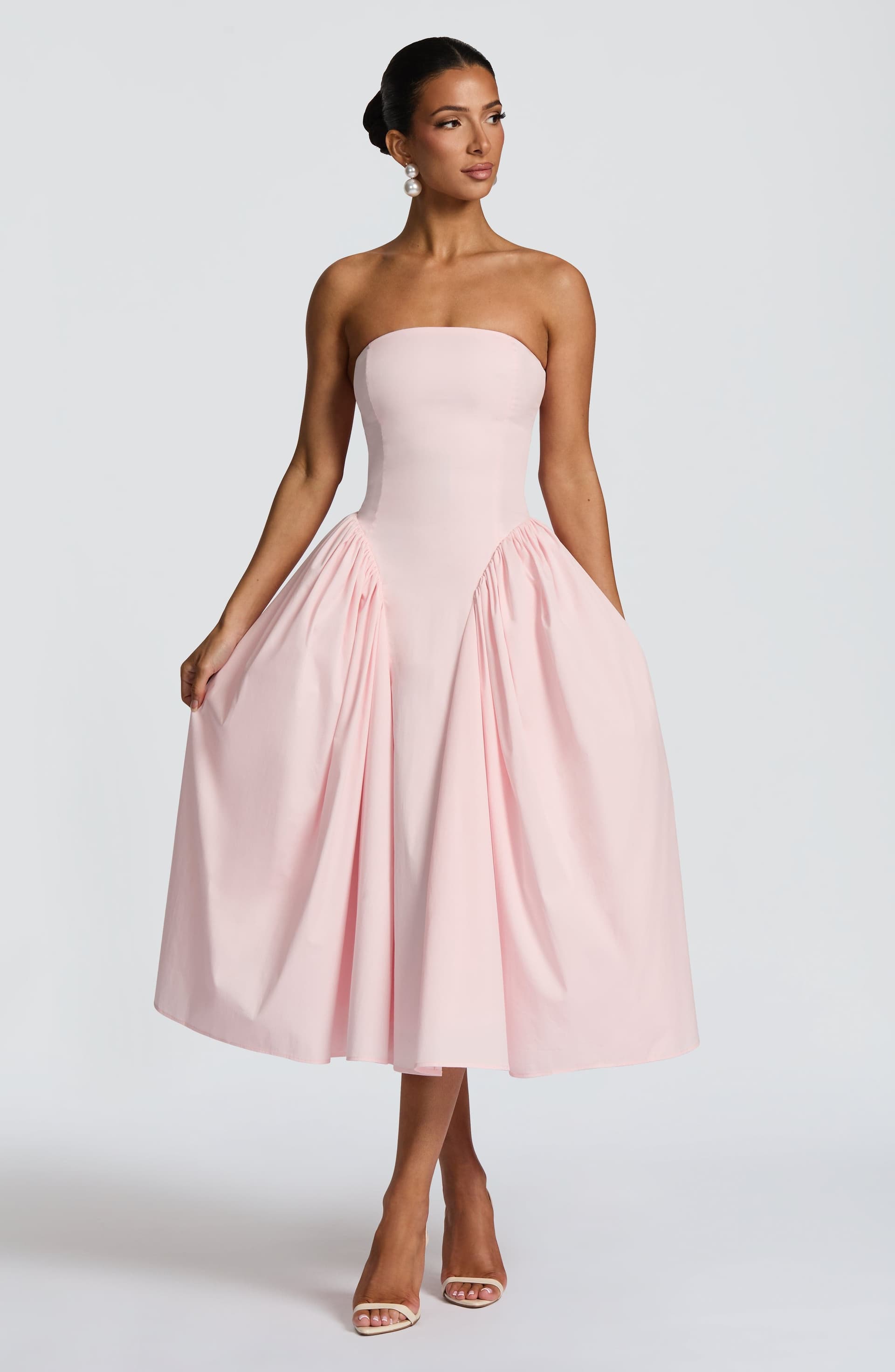 Darla Midi Dress - Blush Strapless Cotton Nylon Elastane Poplin