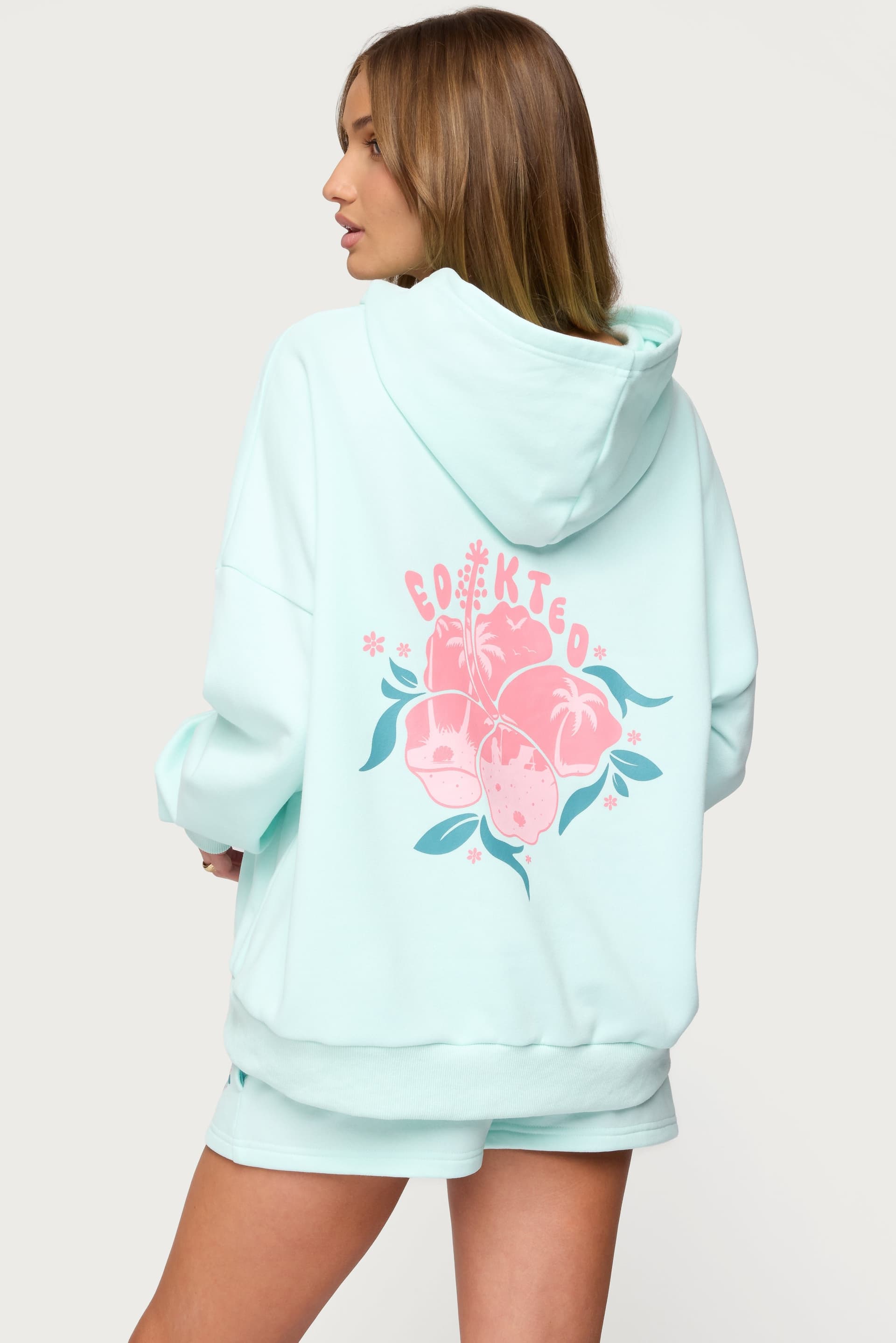 Beach Bloom Hoodie with Hibiscus Flower Palm Trees Print Polyester Cotton