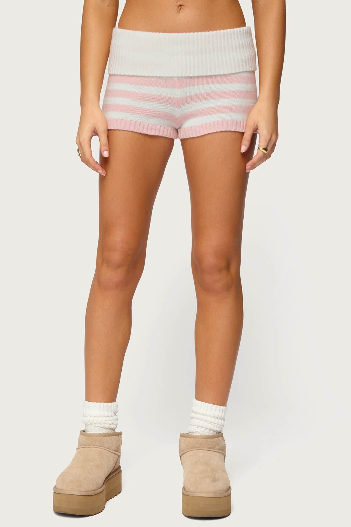 Saphi Striped Foldover Knit Shorts - Acrylic Fabric, Contrast Waistband