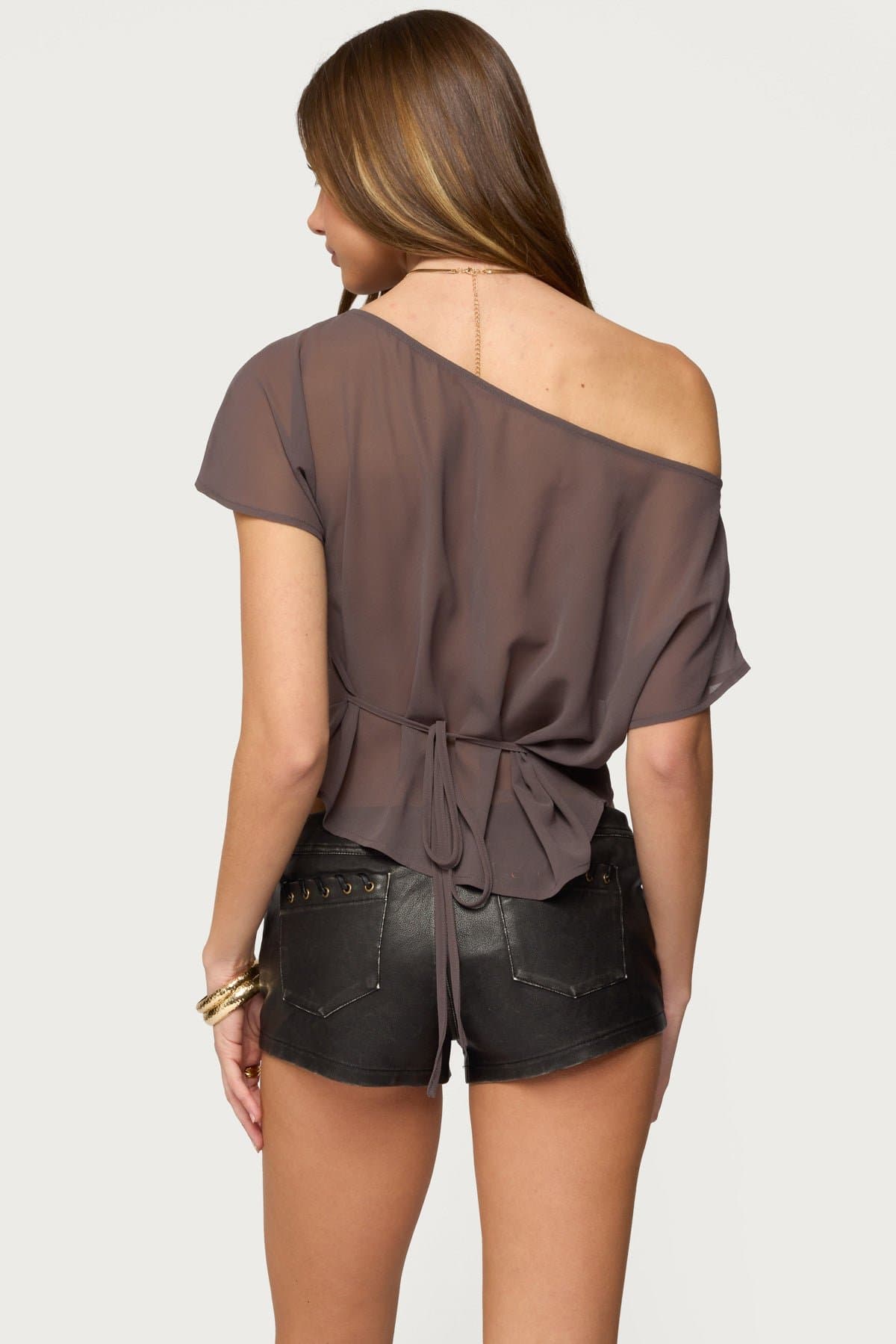 Noria Sheer Chiffon Off Shoulder Top with Back Tie Detail