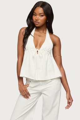 Safia Denim Halter Top - 100% Cotton with Neck Tie Closure and Tie Front Detail