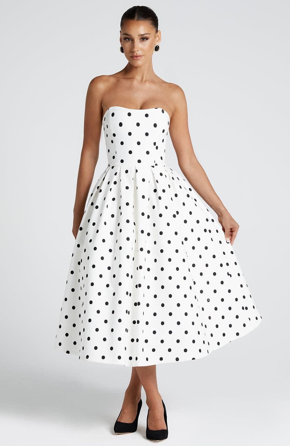 Edith Midi Dress Black Polka Dot Print Stretch Bengaline Strapless