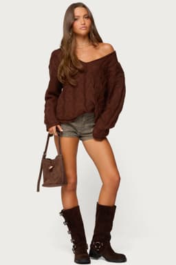 Inga Oversized Cable Knit Sweater - Acrylic Deep V Neck