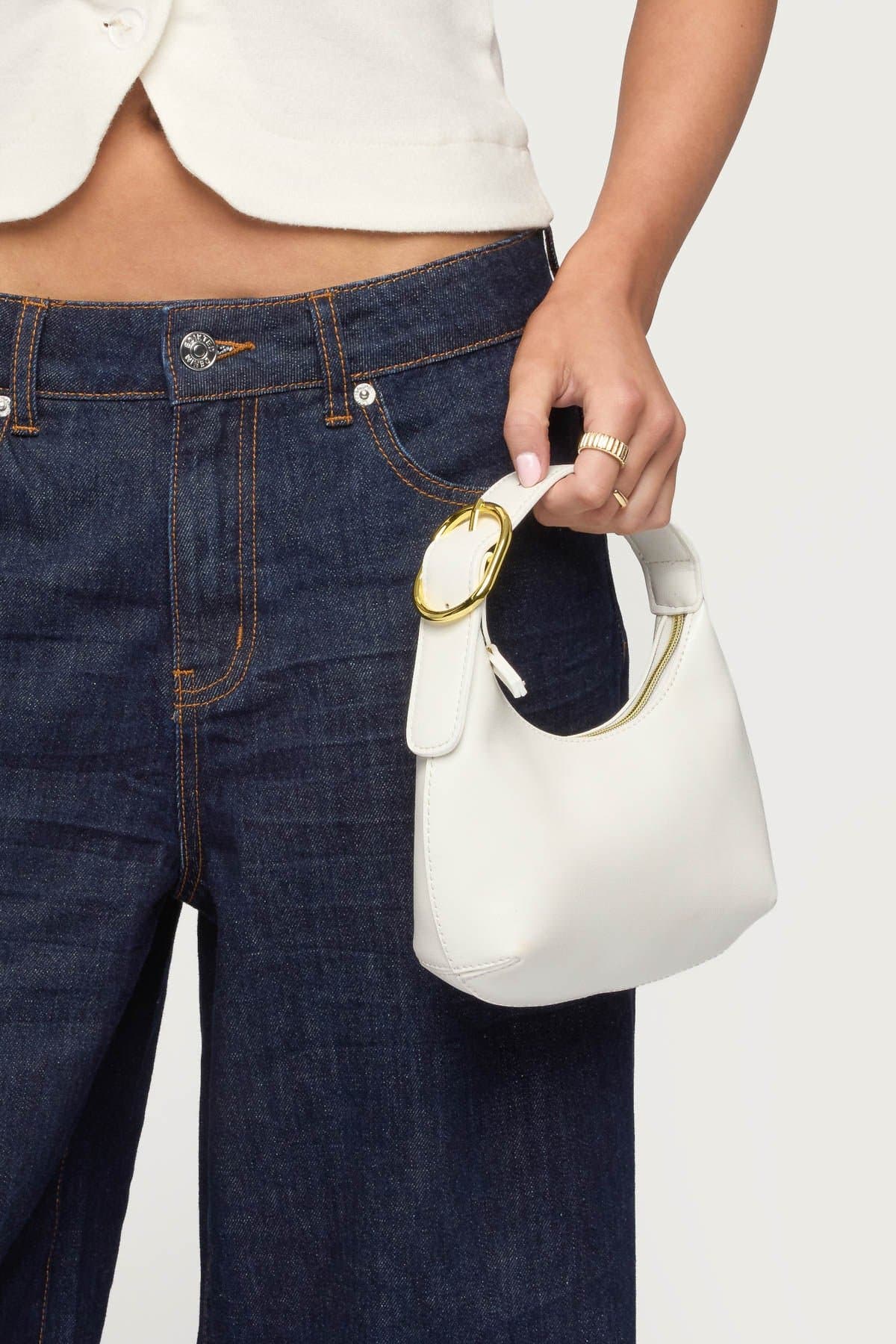 Buckle Strap Faux Leather Bag - Polyurethane 7.9W x 5.1H x 2.4D Gold Tone Zip Closure