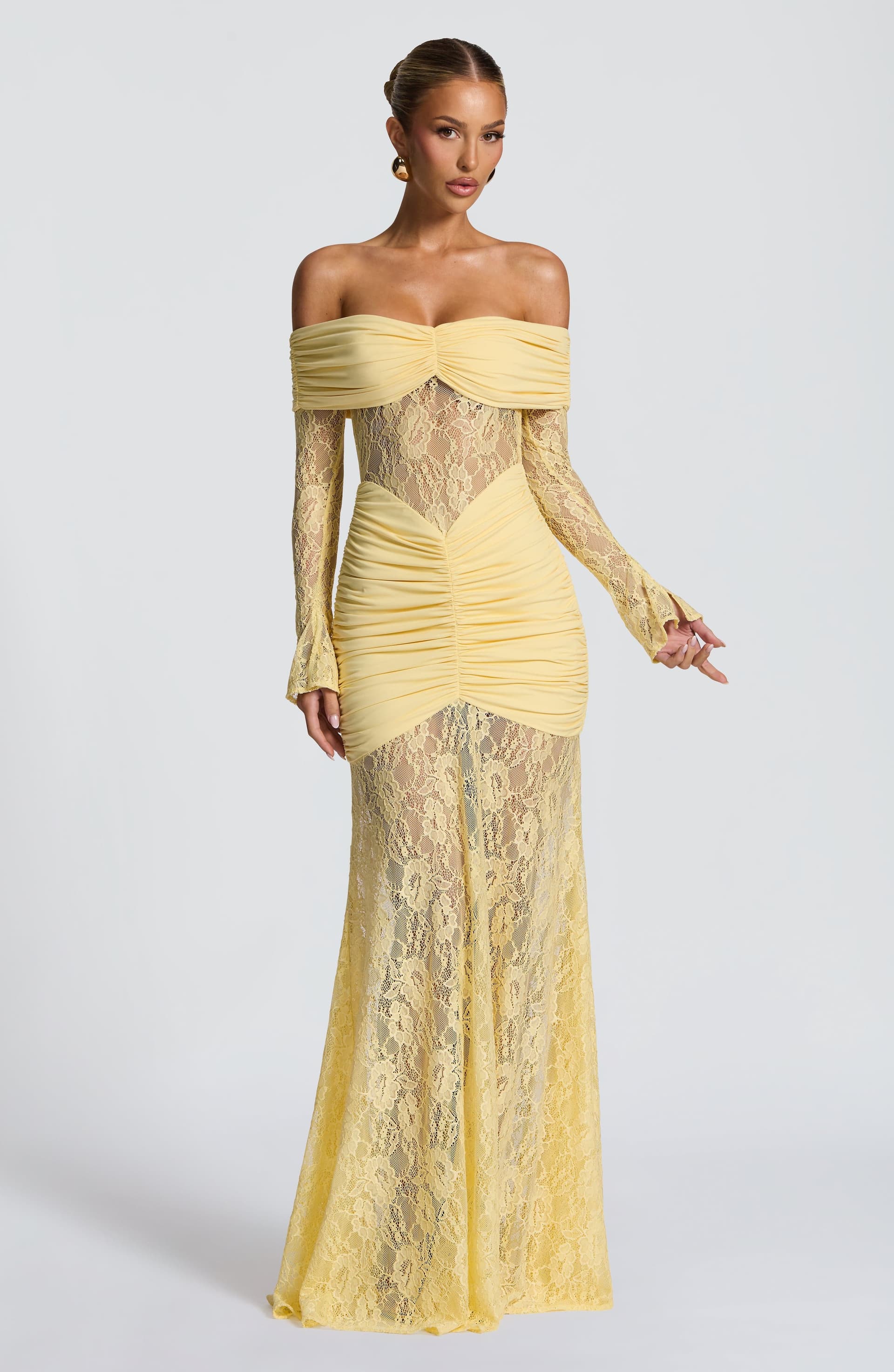 Sauline Maxi Dress in Lemon - Stretch Jersey Floral Lace Long Sleeve
